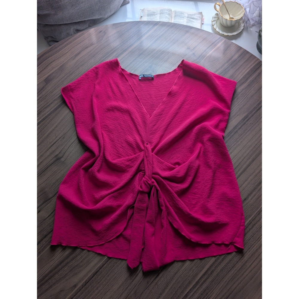 Zara Women's M Fuchsia Pink V Neck Front Tie Knot Draped Blouse Office Career
